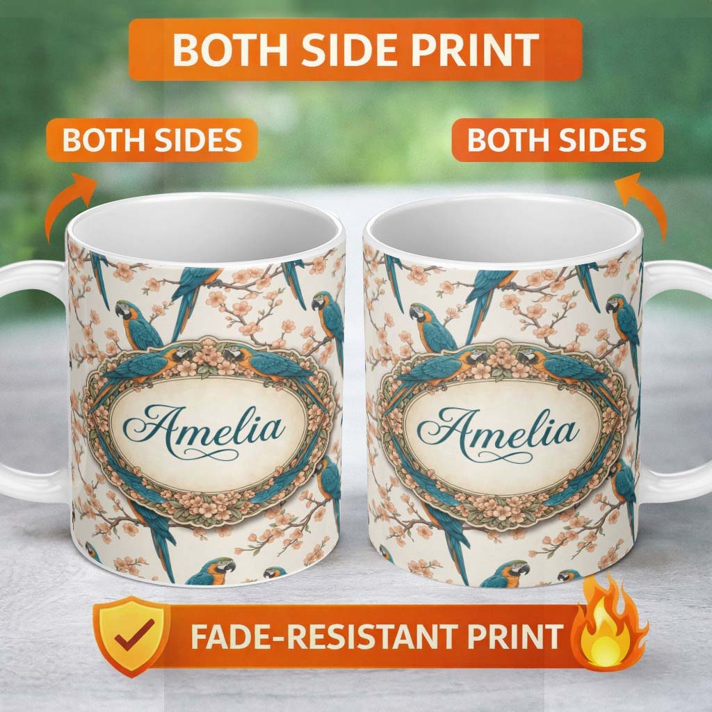 Personalized Custom Name Exotic Parrot Birds with Blossom Branch Seamless Pattern Artistic 11oz Ceramic Coffee Tea Mug White Large Handle