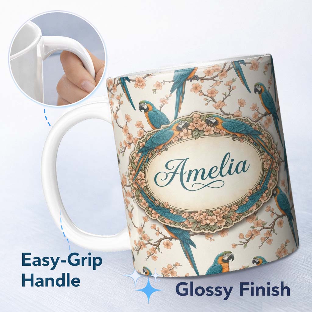 Personalized Custom Name Exotic Parrot Birds with Blossom Branch Seamless Pattern Artistic 11oz Ceramic Coffee Tea Mug White Large Handle