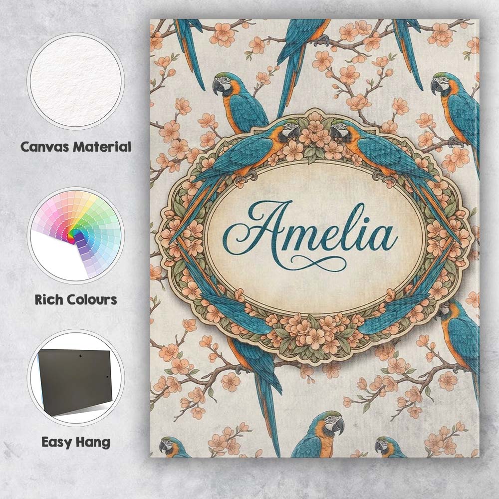 Personalised Name Exotic Parrot Birds with Custom Unique Gift Idea Elegant Feature Canvas Wall Art Print Decor Picture Ready to Hang