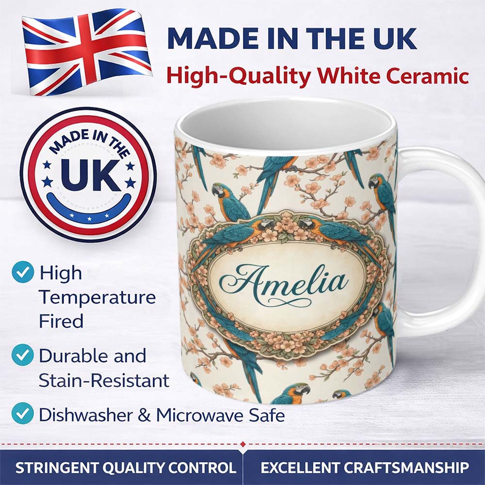 Personalized Custom Name Exotic Parrot Birds with Blossom Branch Seamless Pattern Artistic 11oz Ceramic Coffee Tea Mug White Large Handle
