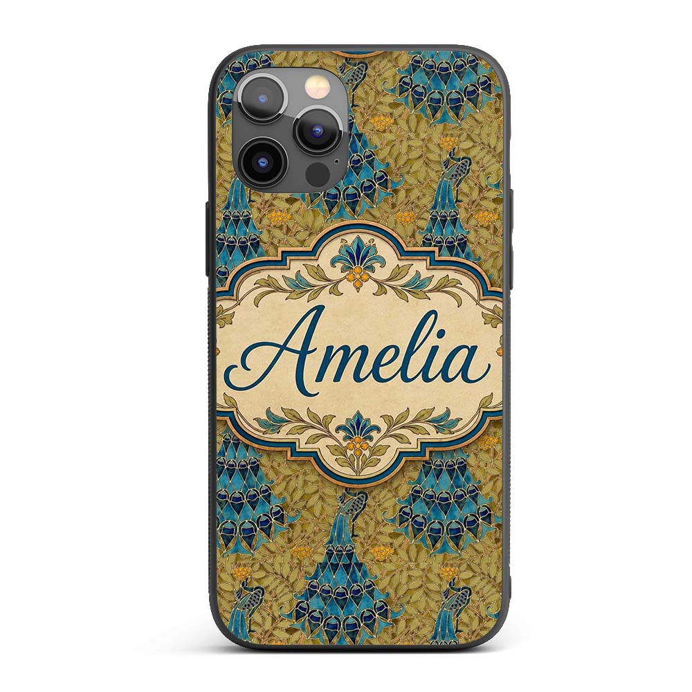 Vintage Art Nouveau Peacock Floral Printed Design Custom Name Protective Phone Case Mobile Cover Durable Everyday Smartphone Shock Resistant