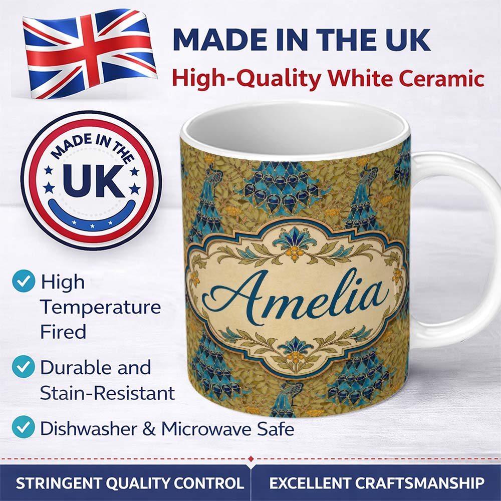 Personalized Custom Name Vintage Art Nouveau Peacock Floral Seamless Pattern Ornamental Name 11oz Ceramic Coffee Tea Mug White Large Handle
