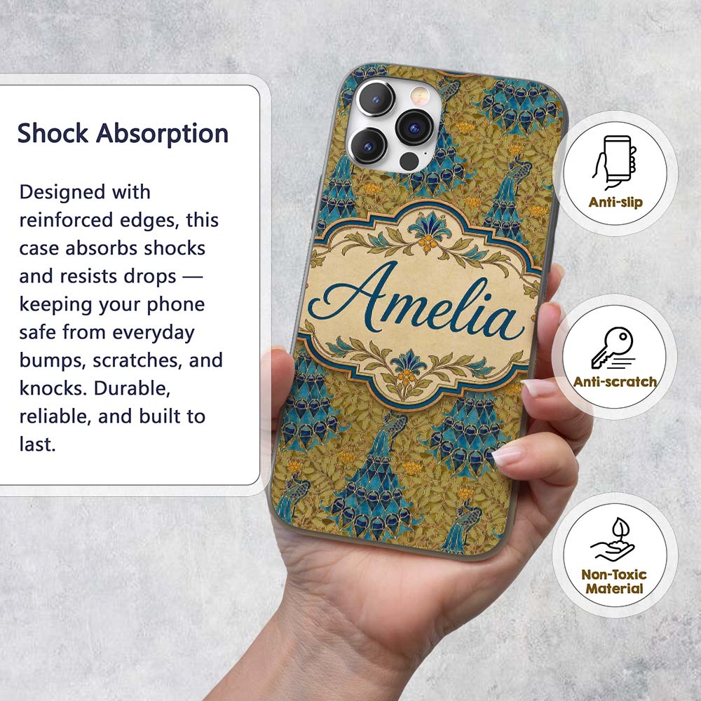 Vintage Art Nouveau Peacock Floral Printed Design Custom Name Protective Phone Case Mobile Cover Durable Everyday Smartphone Shock Resistant