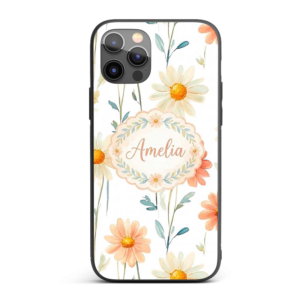 Watercolor Peach Daisy Floral Seamless Pattern on Custom Name Protective Phone Case Mobile Cover Durable Everyday Smartphone Shock Resistant
