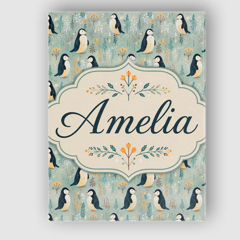 Personalised Name Cute Penguin Birds Custom Premium Decorative Design Modern Room Accent Canvas Wall Art Print Decor Picture Ready to Hang