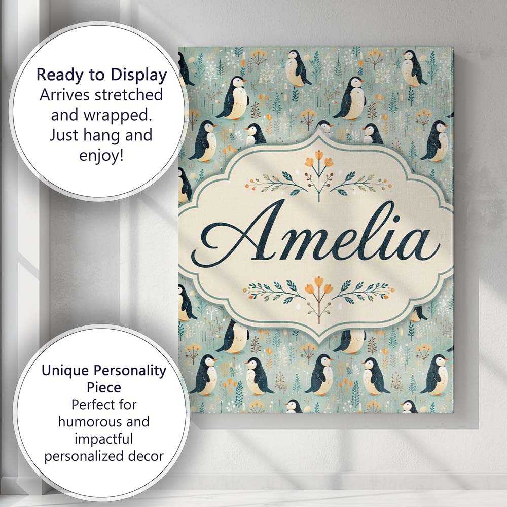 Personalised Name Cute Penguin Birds Custom Premium Decorative Design Modern Room Accent Canvas Wall Art Print Decor Picture Ready to Hang