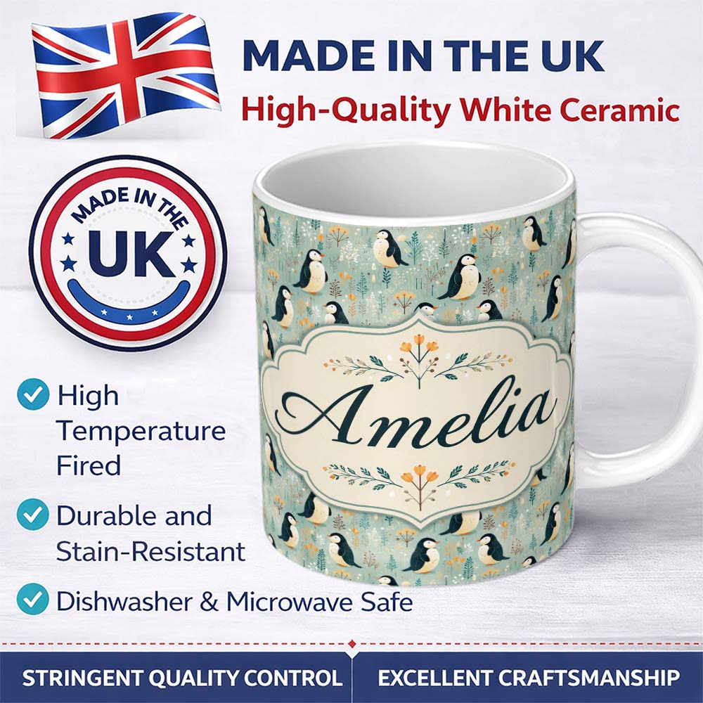 Personalized Custom Name Cute Penguin Birds Minimal Floral Seamless Pattern Soft Pastel 11oz Ceramic Coffee Tea Mug White Large Handle