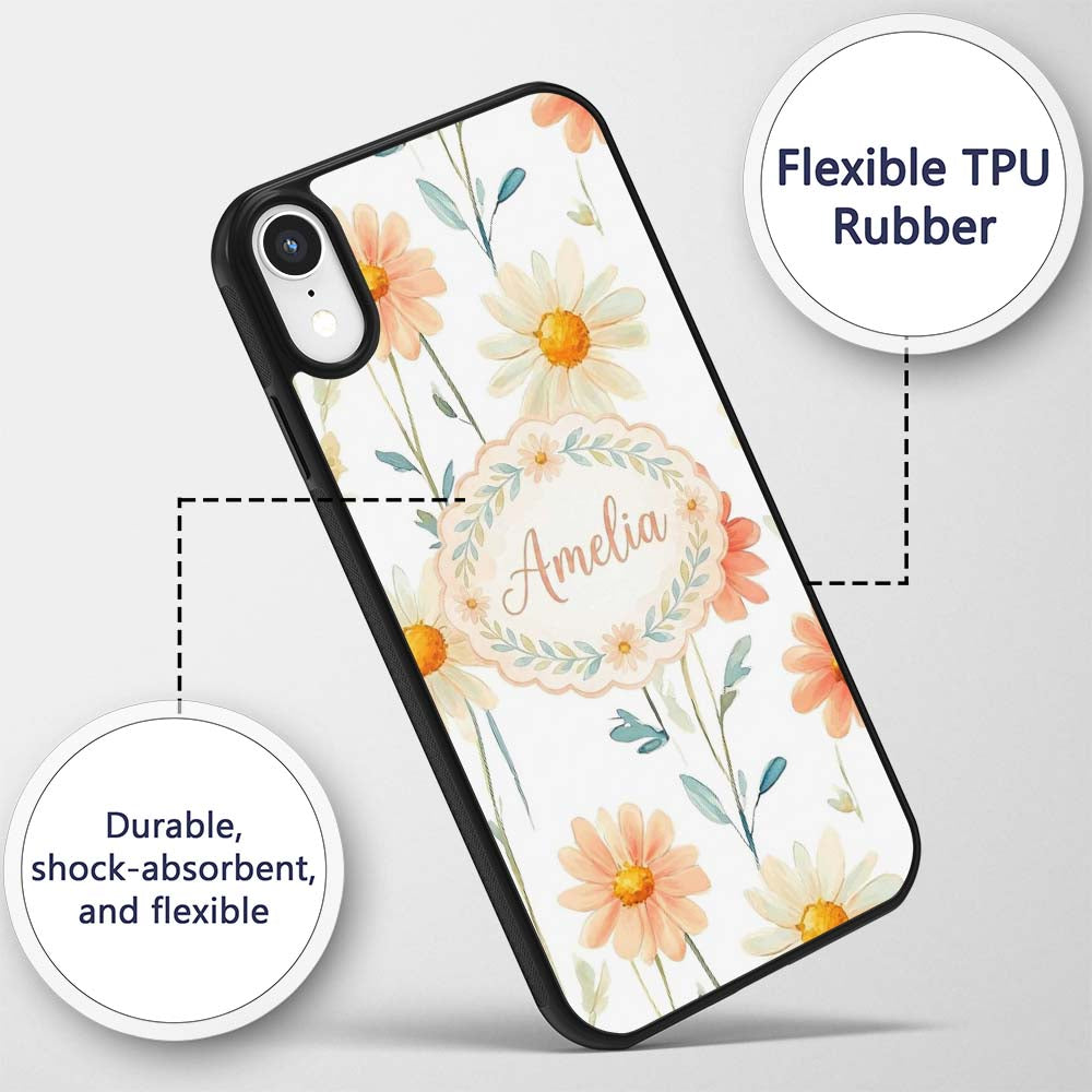 Watercolor Peach Daisy Floral Seamless Pattern on Custom Name Protective Phone Case Mobile Cover Durable Everyday Smartphone Shock Resistant