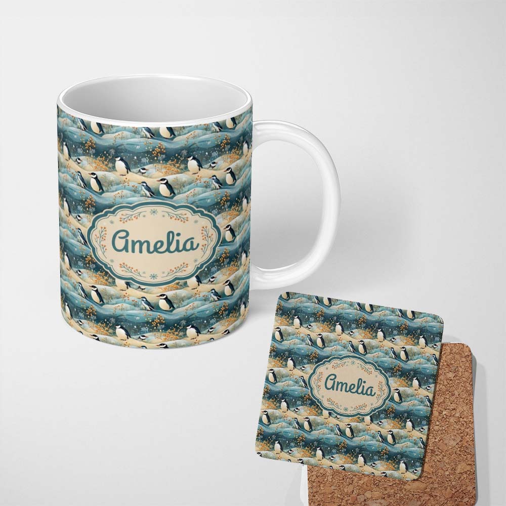 Personalized Custom Name Penguin Birds in Winter Landscape Seamless Pattern Cute Nature 11oz Ceramic Coffee Tea Mug White Large Handle
