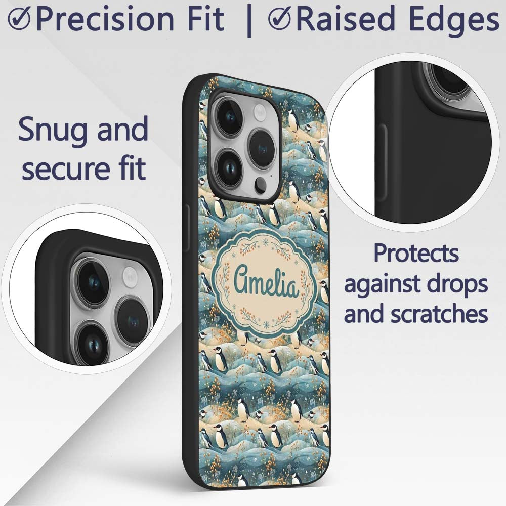 Penguin Birds in Winter Landscape Printed Design Custom Name Protective Phone Case Mobile Cover Durable Everyday Smartphone Shock Resistant