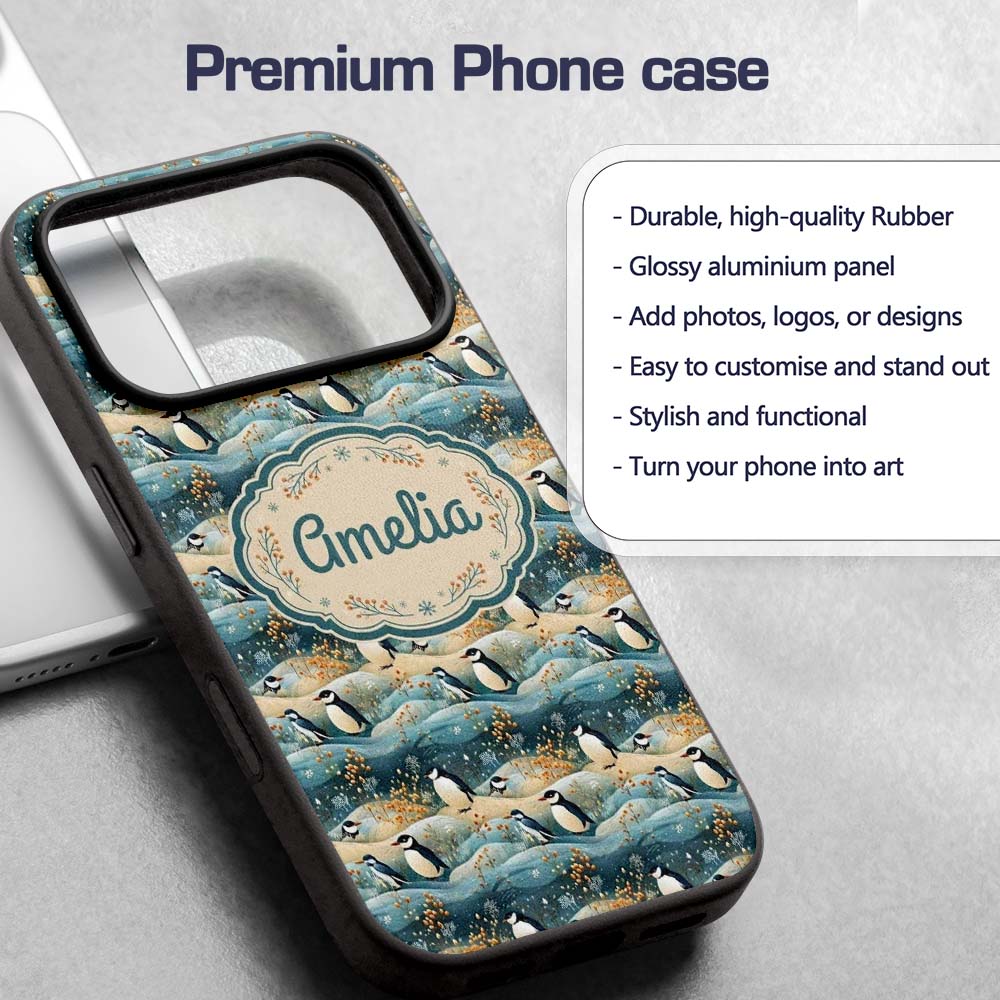 Penguin Birds in Winter Landscape Printed Design Custom Name Protective Phone Case Mobile Cover Durable Everyday Smartphone Shock Resistant