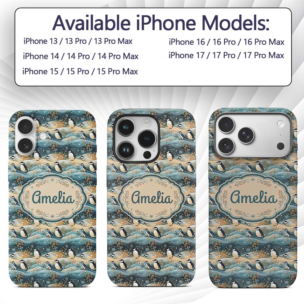 Penguin Birds in Winter Landscape Printed Design Custom Name Protective Phone Case Mobile Cover Durable Everyday Smartphone Shock Resistant