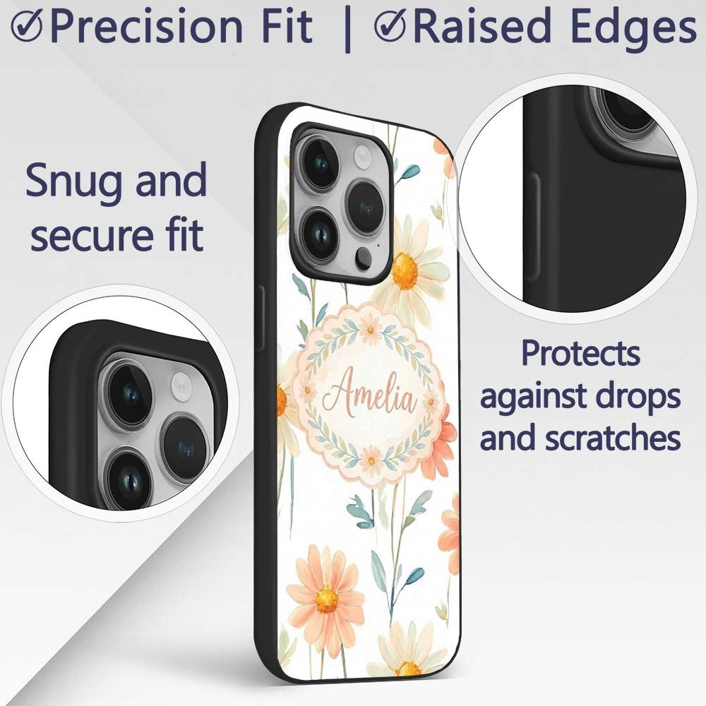 Watercolor Peach Daisy Floral Seamless Pattern on Custom Name Protective Phone Case Mobile Cover Durable Everyday Smartphone Shock Resistant