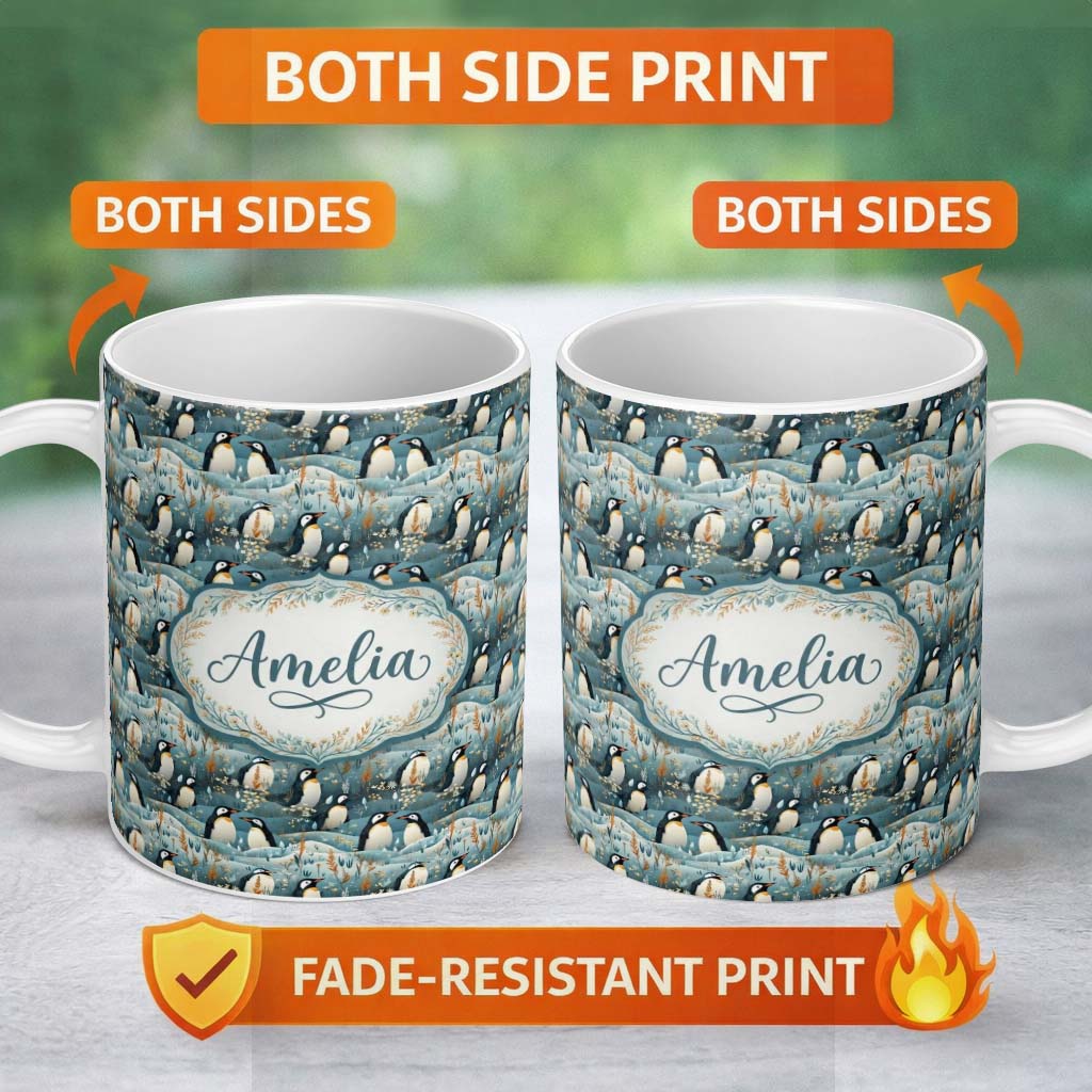 Personalized Custom Name Adorable Penguin Birds Floral Meadow Seamless Pattern Soft Blue 11oz Ceramic Coffee Tea Mug White Large Handle
