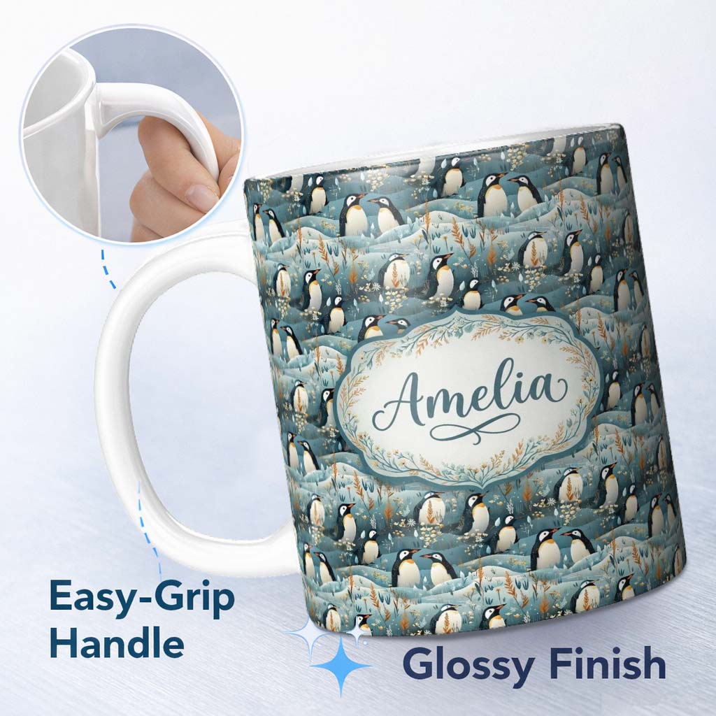 Personalized Custom Name Adorable Penguin Birds Floral Meadow Seamless Pattern Soft Blue 11oz Ceramic Coffee Tea Mug White Large Handle