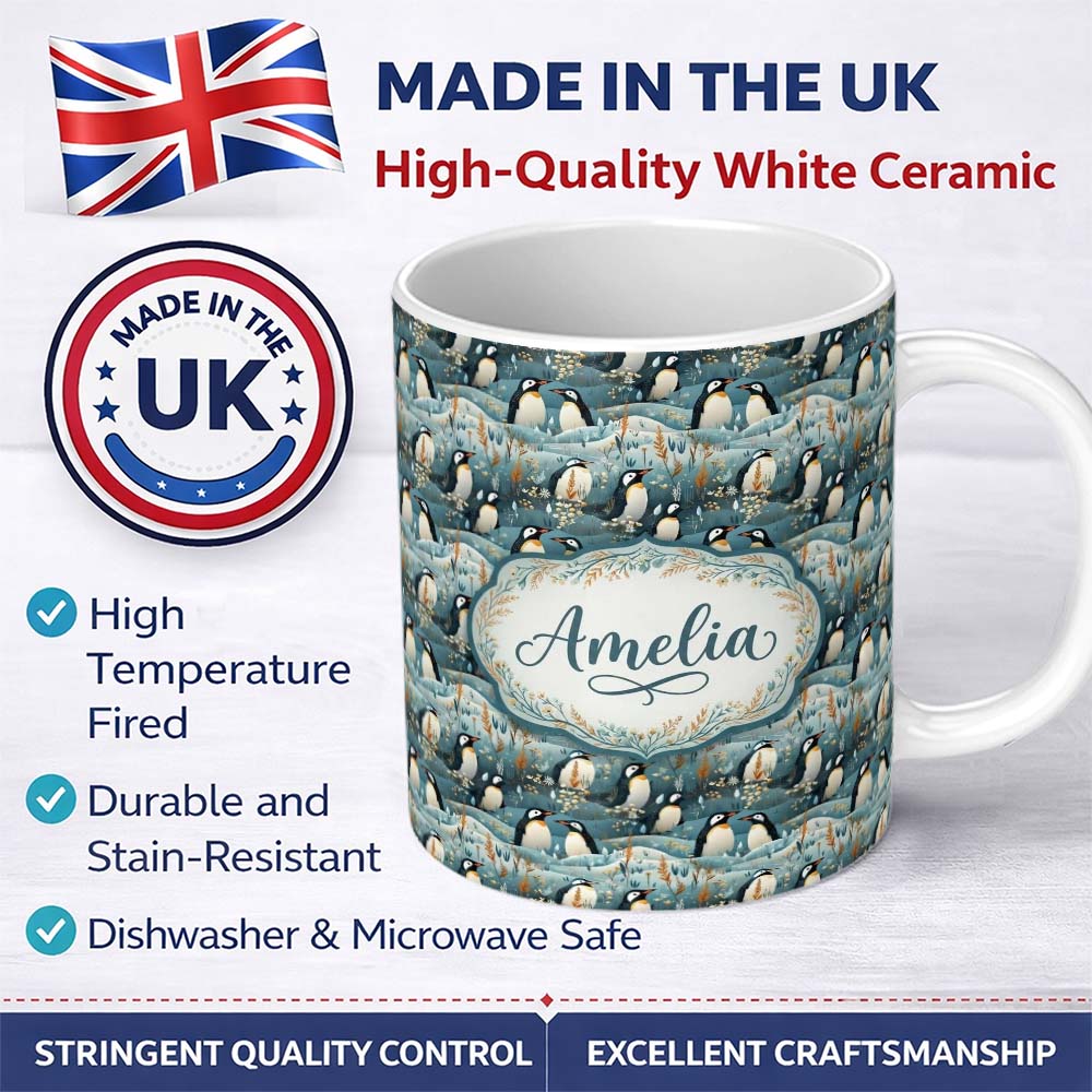 Personalized Custom Name Adorable Penguin Birds Floral Meadow Seamless Pattern Soft Blue 11oz Ceramic Coffee Tea Mug White Large Handle