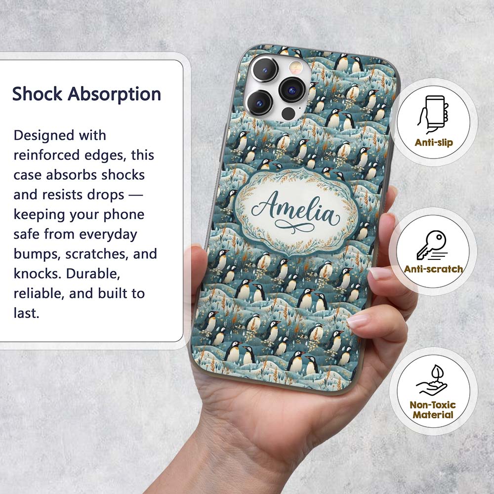 Adorable Penguin Birds Floral Meadow Seamless Custom Name Protective Phone Case Mobile Cover Durable Everyday Smartphone Shock Resistant