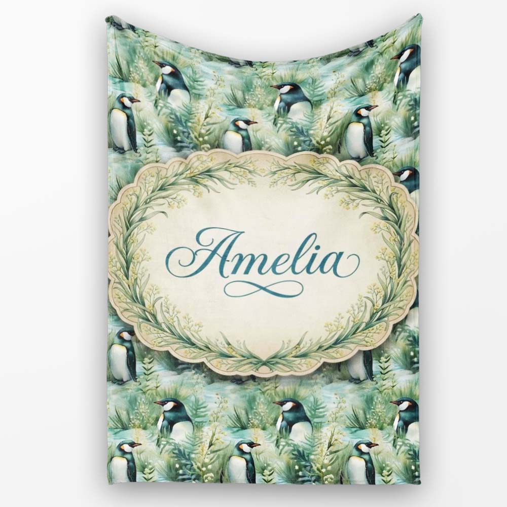 Gentle Penguin Birds in Meadow Grass Seamless Pattern Soft Nature Personalised Custom Name Super Soft Fleece Blanket Bed Sofa Throw