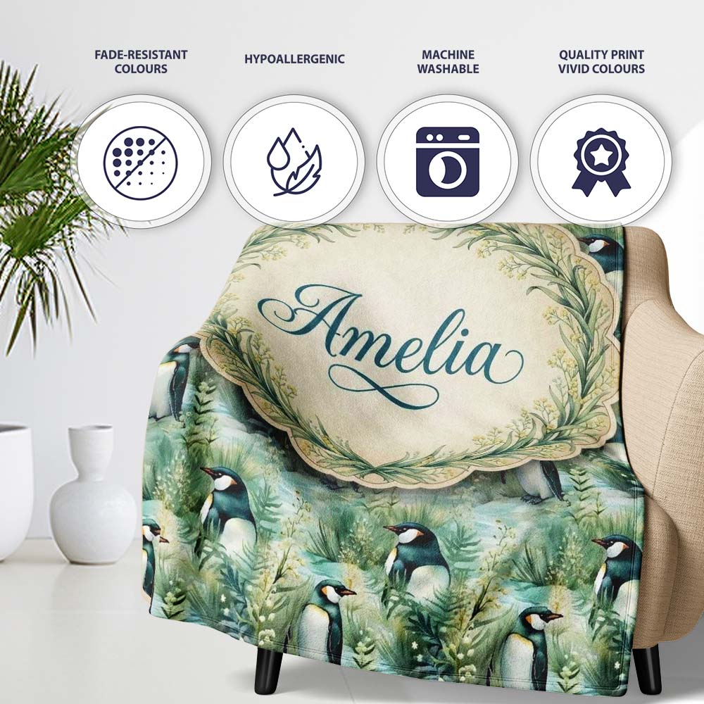 Gentle Penguin Birds in Meadow Grass Seamless Pattern Soft Nature Personalised Custom Name Super Soft Fleece Blanket Bed Sofa Throw
