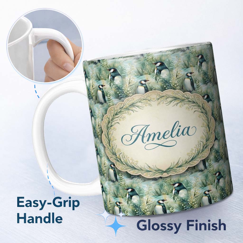 Personalized Custom Name Gentle Penguin Birds in Meadow Grass Seamless Pattern Soft Nature 11oz Ceramic Coffee Tea Mug White Large Handle