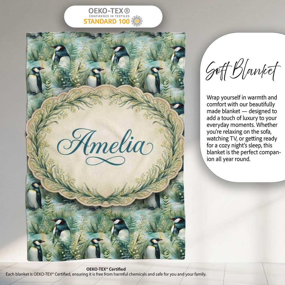 Gentle Penguin Birds in Meadow Grass Seamless Pattern Soft Nature Personalised Custom Name Super Soft Fleece Blanket Bed Sofa Throw