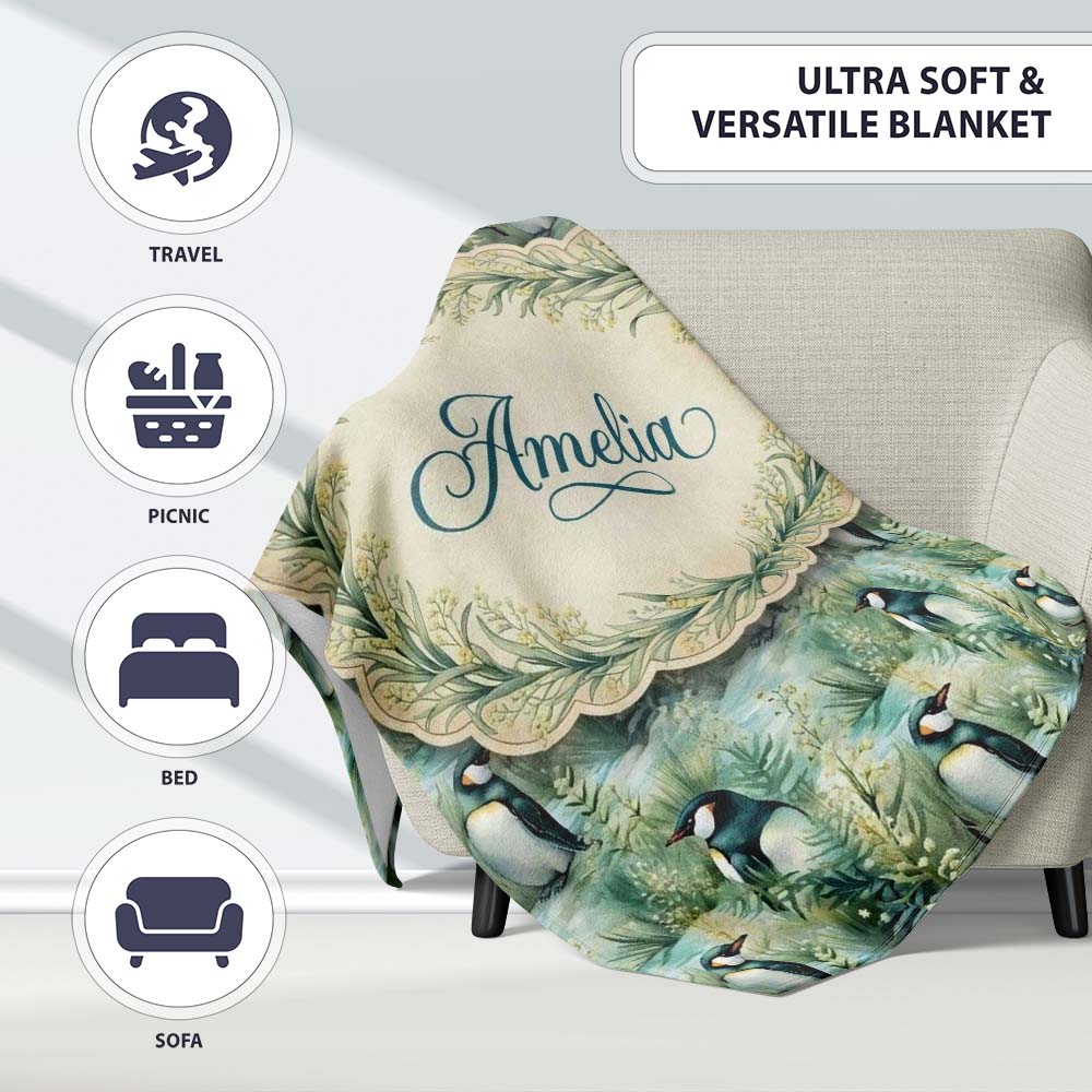 Gentle Penguin Birds in Meadow Grass Seamless Pattern Soft Nature Personalised Custom Name Super Soft Fleece Blanket Bed Sofa Throw