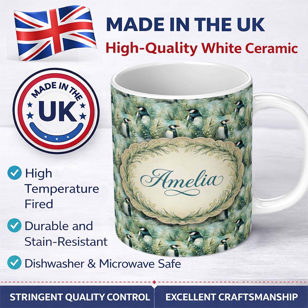 Personalized Custom Name Gentle Penguin Birds in Meadow Grass Seamless Pattern Soft Nature 11oz Ceramic Coffee Tea Mug White Large Handle