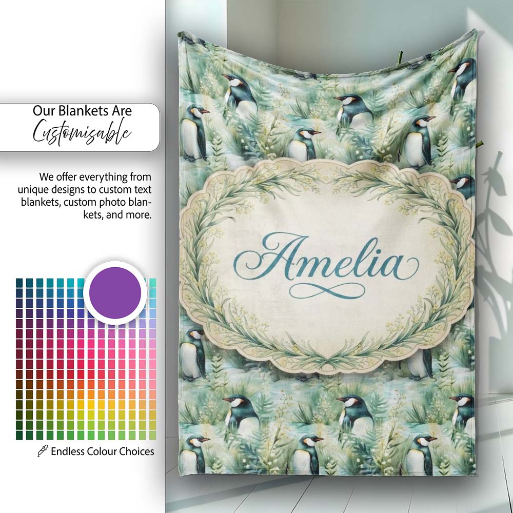 Gentle Penguin Birds in Meadow Grass Seamless Pattern Soft Nature Personalised Custom Name Super Soft Fleece Blanket Bed Sofa Throw