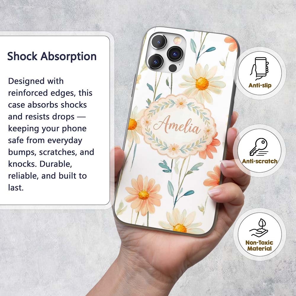 Watercolor Peach Daisy Floral Seamless Pattern on Custom Name Protective Phone Case Mobile Cover Durable Everyday Smartphone Shock Resistant
