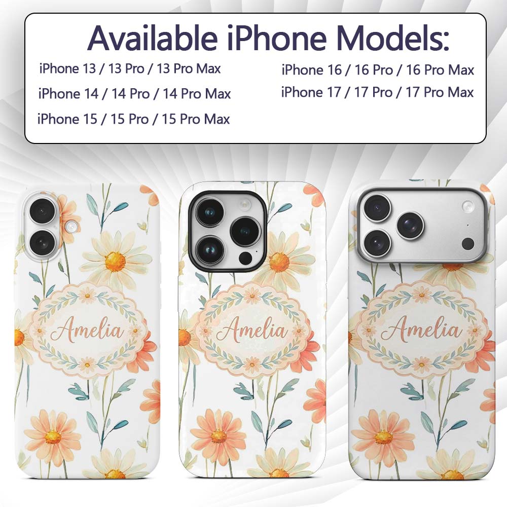 Watercolor Peach Daisy Floral Seamless Pattern on Custom Name Protective Phone Case Mobile Cover Durable Everyday Smartphone Shock Resistant