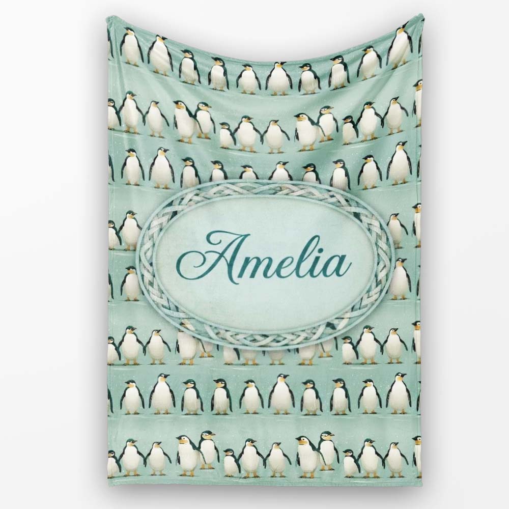 Cute Penguin Family Rows Minimal Seamless Pattern Soft Blue Personalised Custom Name Super Soft Fleece Blanket Bed Sofa Throw