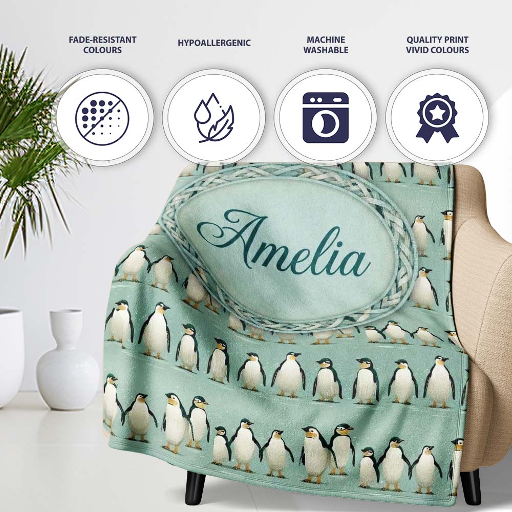 Cute Penguin Family Rows Minimal Seamless Pattern Soft Blue Personalised Custom Name Super Soft Fleece Blanket Bed Sofa Throw