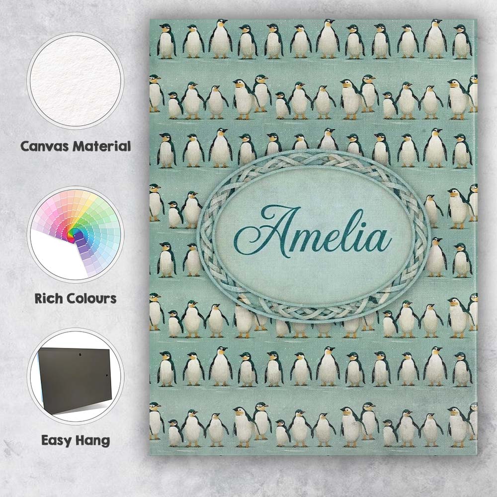 Personalised Name Cute Penguin Family Rows Custom Unique Gift Idea Elegant Feature Canvas Wall Art Print Decor Picture Ready to Hang