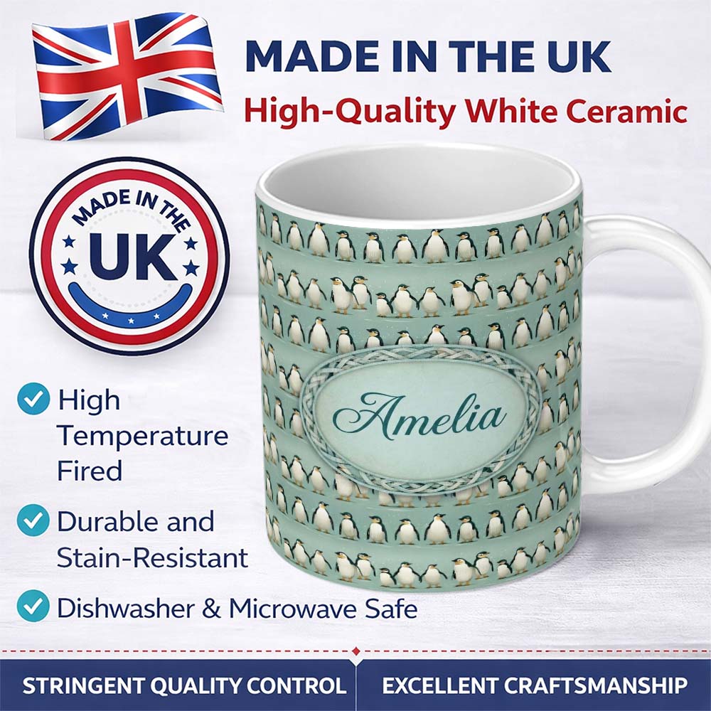 Personalized Custom Name Cute Penguin Family Rows Minimal Seamless Pattern Soft Blue 11oz Ceramic Coffee Tea Mug White Large Handle