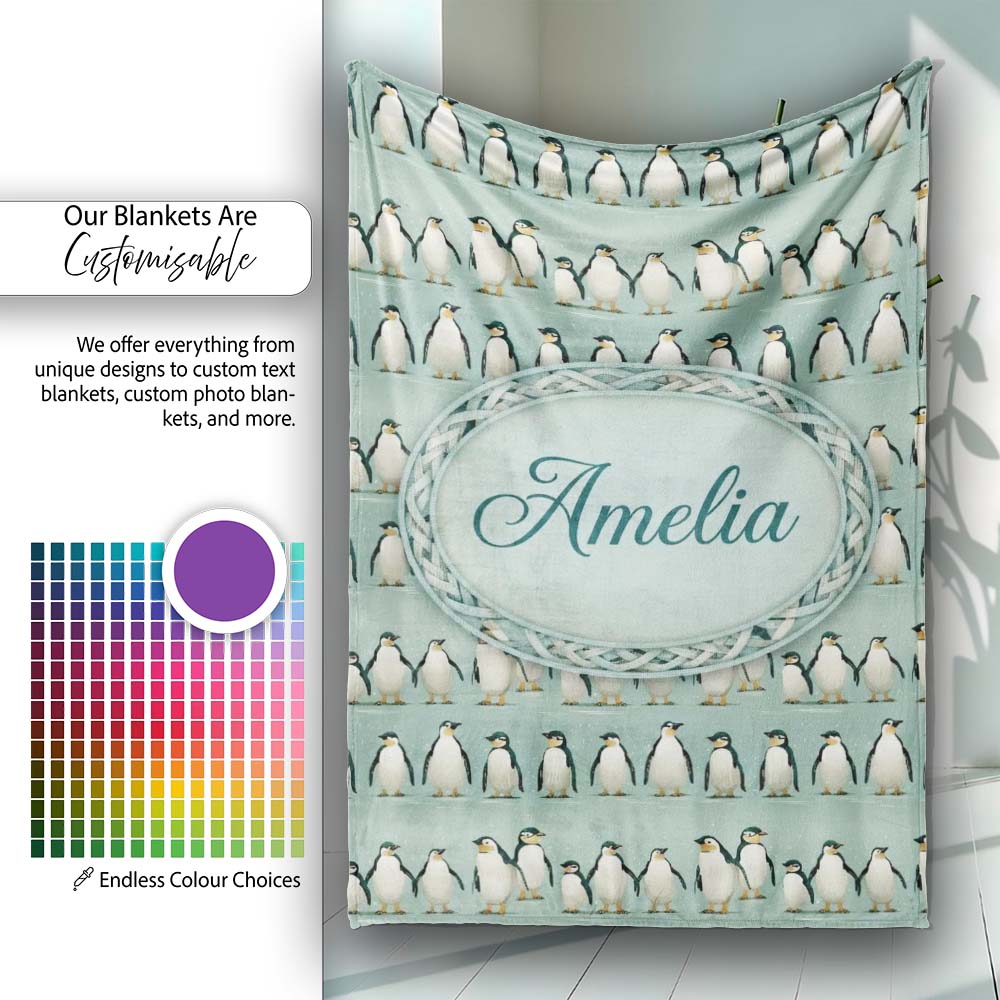 Cute Penguin Family Rows Minimal Seamless Pattern Soft Blue Personalised Custom Name Super Soft Fleece Blanket Bed Sofa Throw