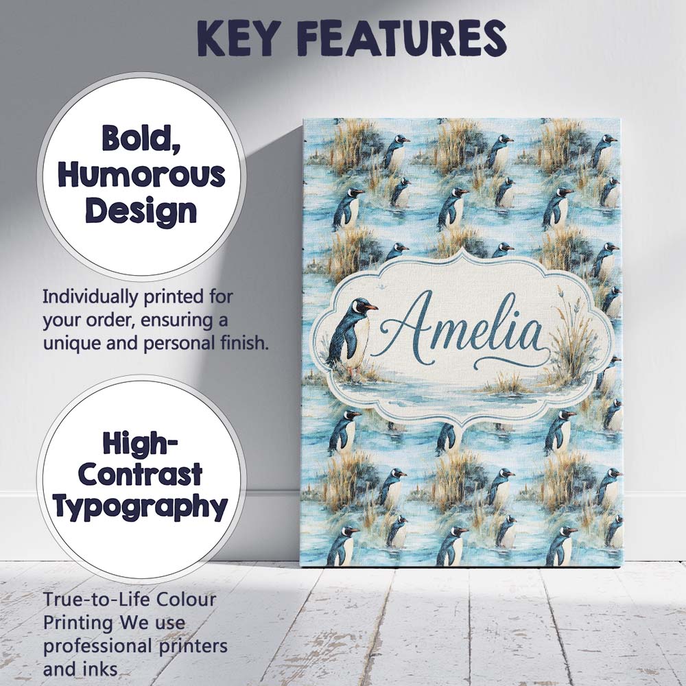 Personalised Name Penguin Birds by Water Custom Unique Gift Idea Elegant Feature Canvas Wall Art Print Decor Picture Ready to Hang