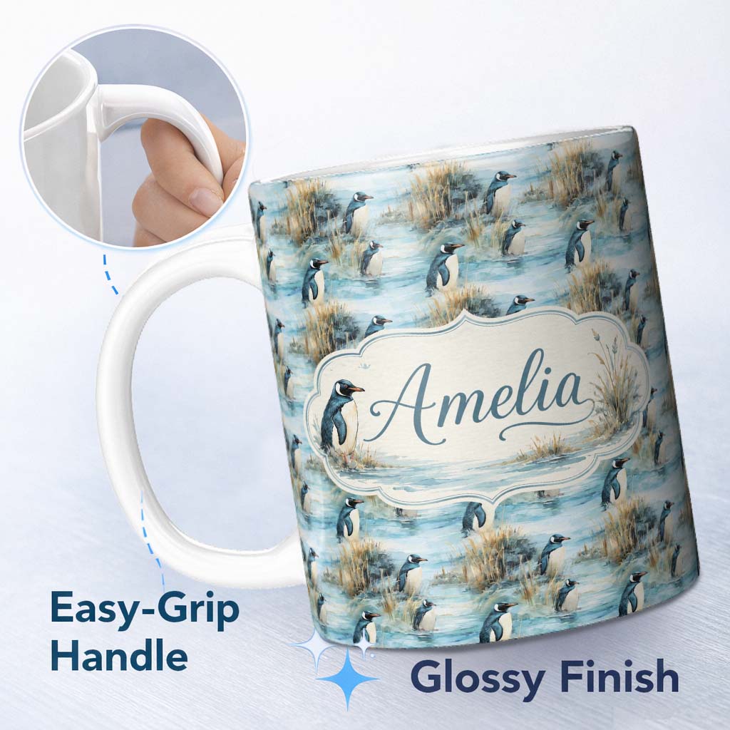 Personalized Custom Name Penguin Birds by Water Grassland Seamless Pattern Artistic Nature 11oz Ceramic Coffee Tea Mug White Large Handle