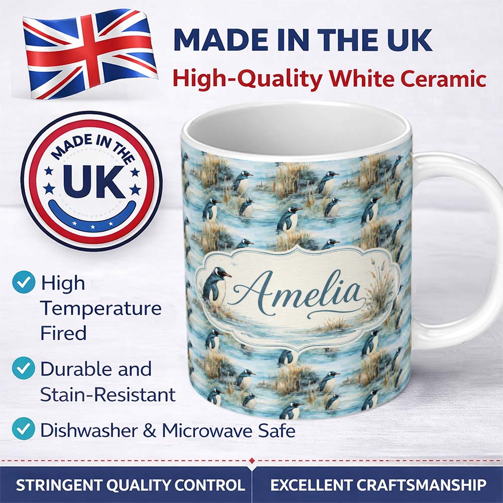 Personalized Custom Name Penguin Birds by Water Grassland Seamless Pattern Artistic Nature 11oz Ceramic Coffee Tea Mug White Large Handle