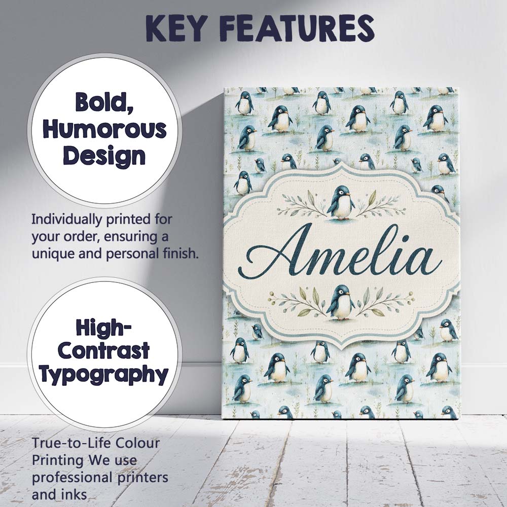 Personalised Name Adorable Baby Penguin Custom Modern Room Accent Elegant Feature Canvas Wall Art Print Decor Picture Ready to Hang