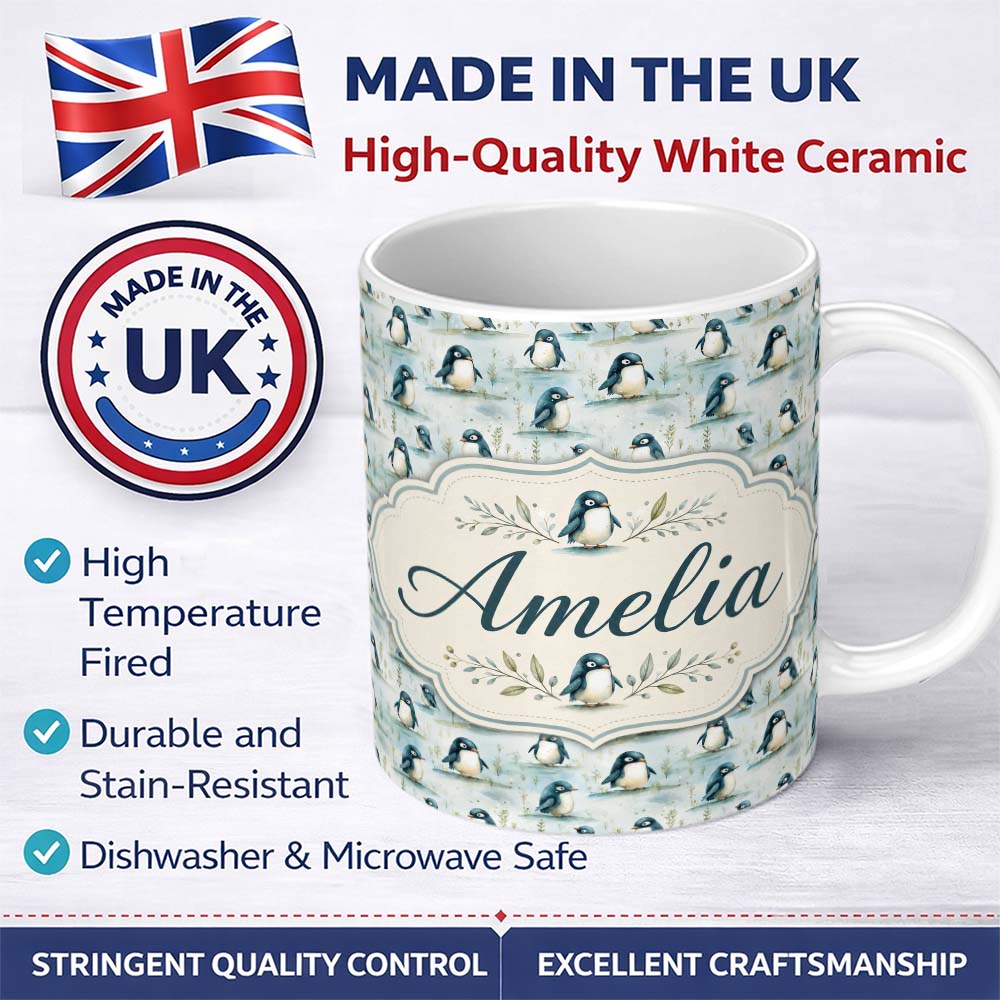 Personalized Custom Name Adorable Baby Penguin Scatter Seamless Pattern Soft Pastel Nature 11oz Ceramic Coffee Tea Mug White Large Handle