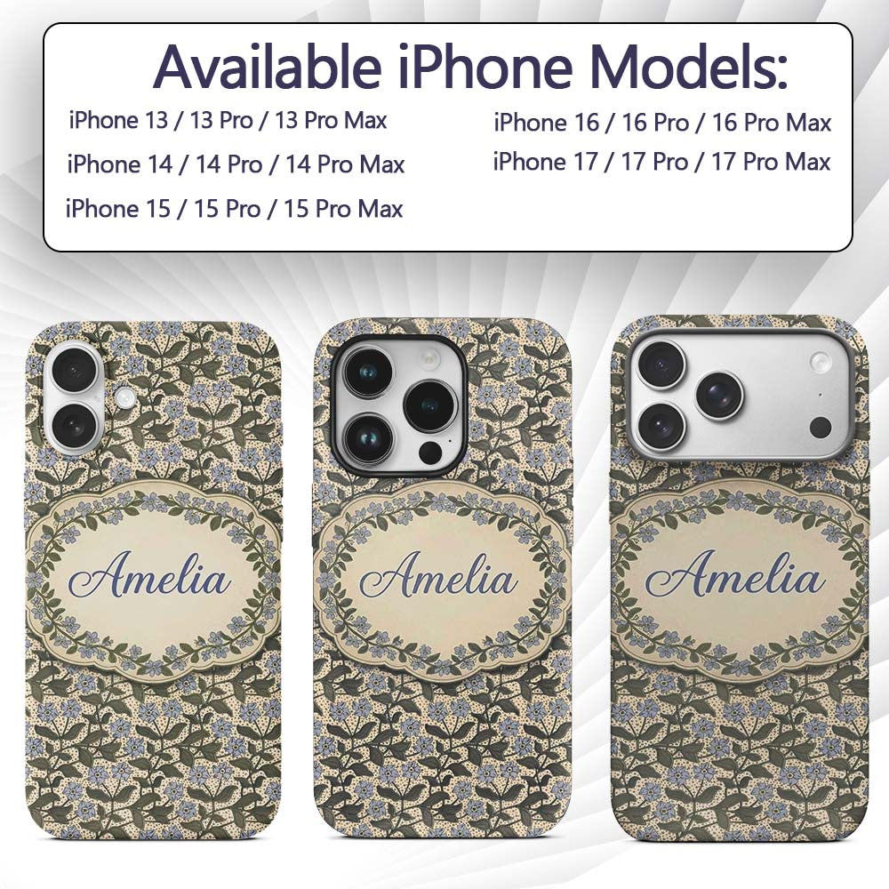 Vintage Floral Vine Small Blue Flowers Seamless Custom Name Protective Phone Case Mobile Cover Durable Everyday Smartphone Shock Resistant