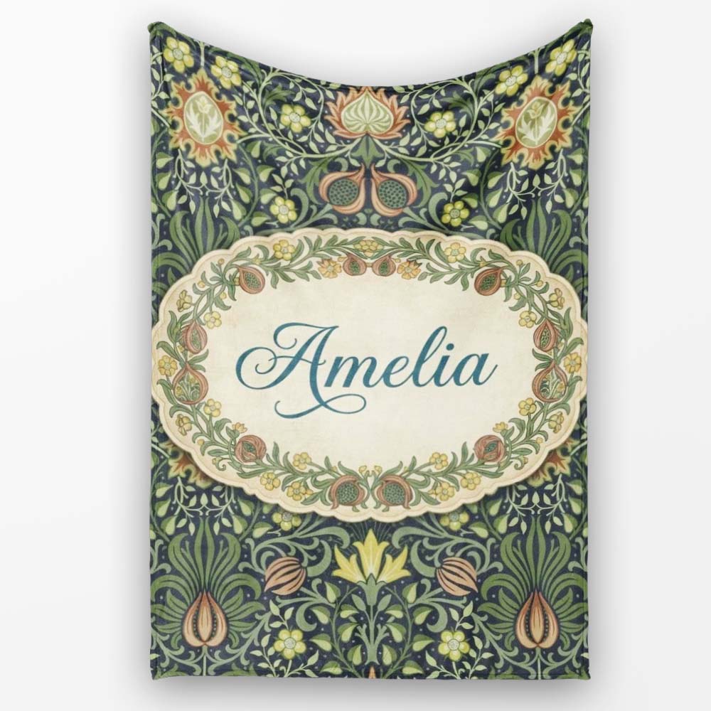 Ornate William Morris Style Floral Pattern Green Botanical Name Cute Personalised Custom Name Super Soft Fleece Blanket Bed Sofa Throw