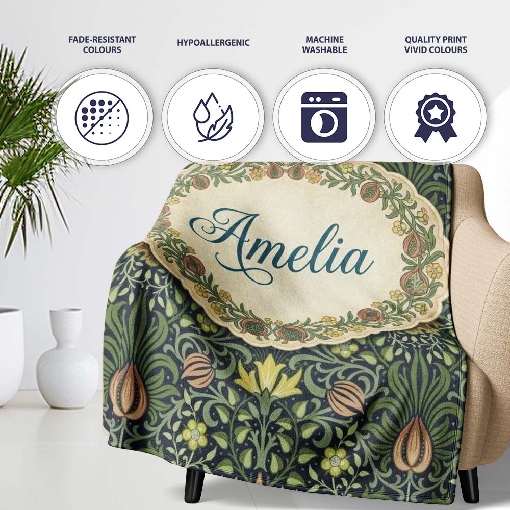 Ornate William Morris Style Floral Pattern Green Botanical Name Cute Personalised Custom Name Super Soft Fleece Blanket Bed Sofa Throw