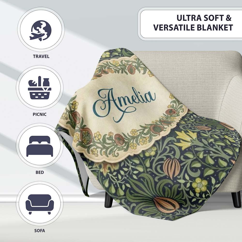 Ornate William Morris Style Floral Pattern Green Botanical Name Cute Personalised Custom Name Super Soft Fleece Blanket Bed Sofa Throw
