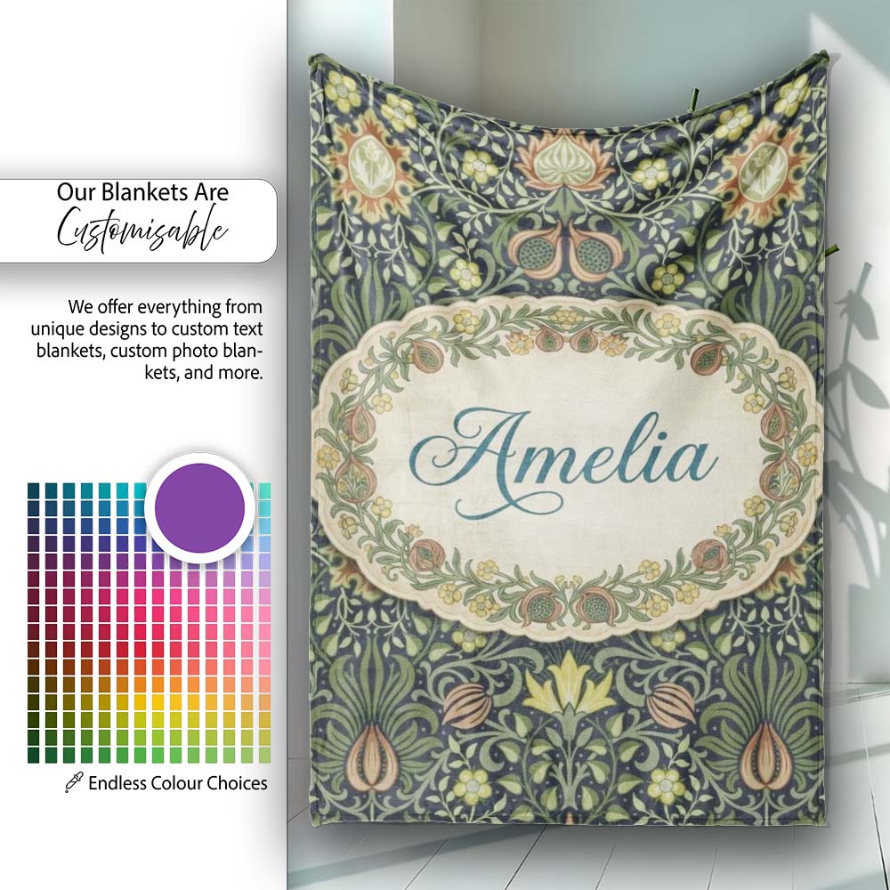 Ornate William Morris Style Floral Pattern Green Botanical Name Cute Personalised Custom Name Super Soft Fleece Blanket Bed Sofa Throw