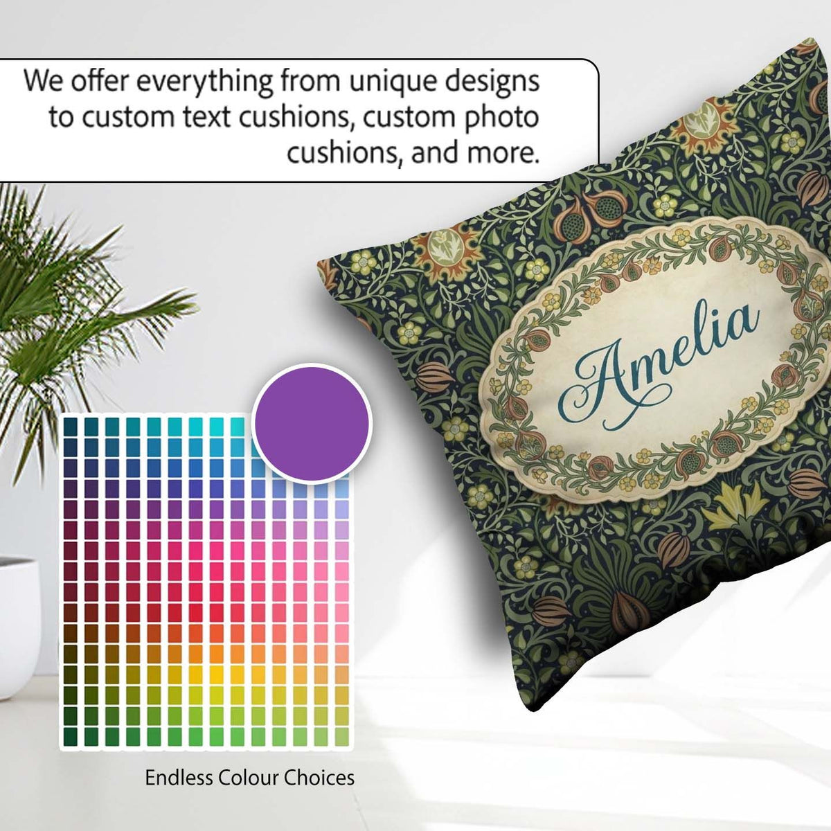 Custom Name Ornate William Morris Style Floral Pattern Name Cute Square Filled Cushion Throw Pillow Sofa Bed Home Decor Zip Washable UK Made