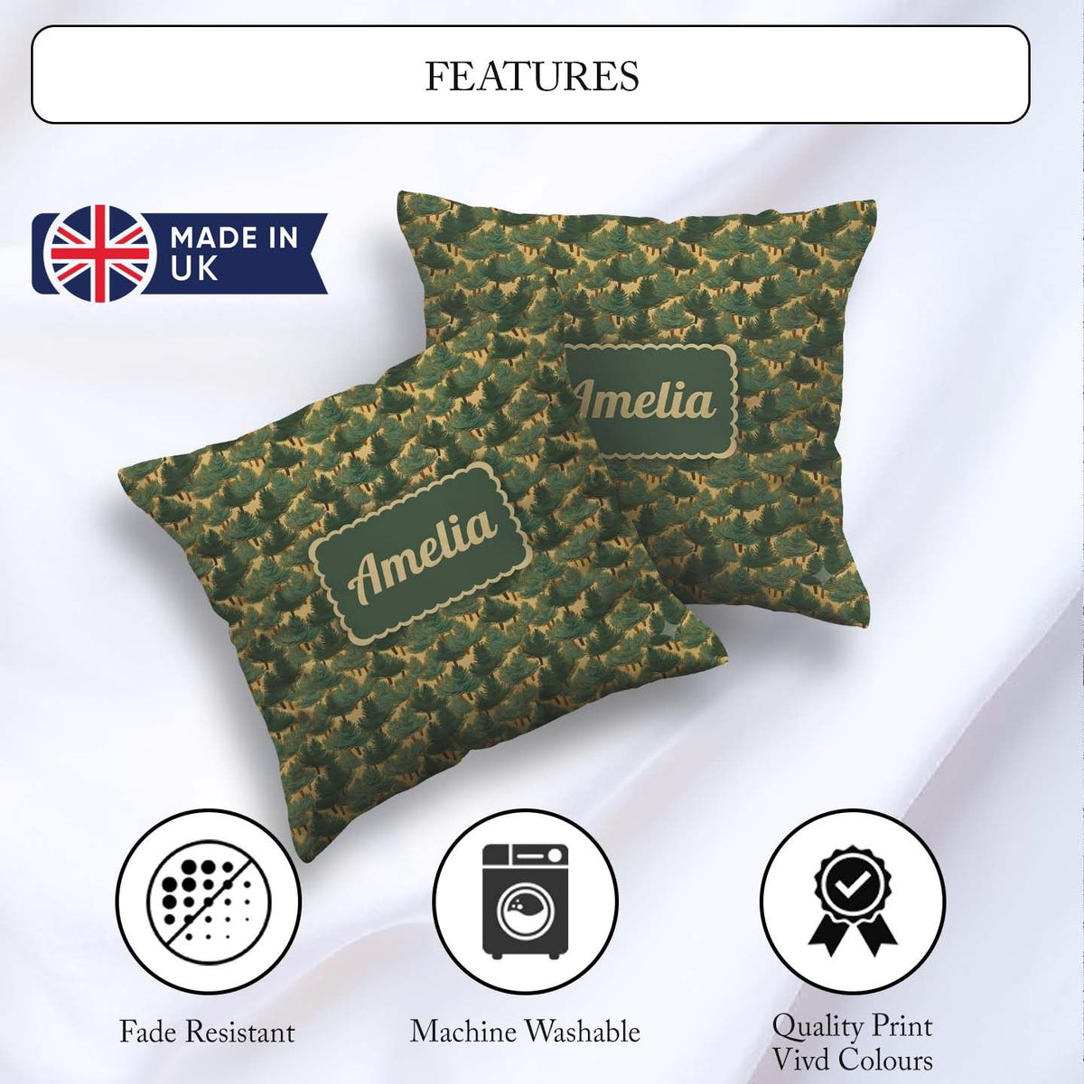 Custom Name Dense Forest Seamless Pattern Rustic Woodland Nature Square Filled Cushion Throw Pillow Sofa Bed Home Decor Zip Washable UK Made