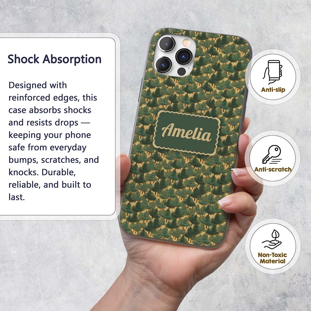 Dense Pine Forest Trees Seamless Pattern Rustic Custom Name Protective Phone Case Mobile Cover Durable Everyday Smartphone Shock Resistant