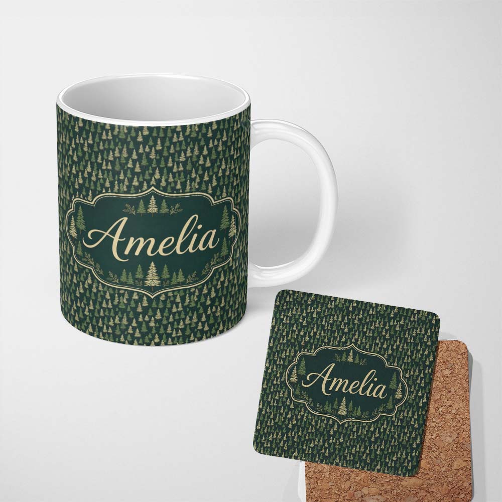 Personalized Custom Name Small Pine Tree Forest Scatter Seamless Pattern Dark Green Woodland 11oz Ceramic Coffee Tea Mug White Large Handle