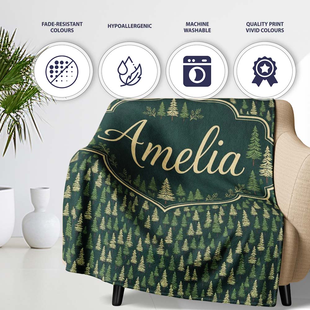 Small Pine Tree Forest Scatter Seamless Pattern Dark Green Woodland Personalised Custom Name Super Soft Fleece Blanket Bed Sofa Throw